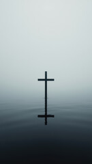 Naklejka premium Cross standing on water with blurred background.