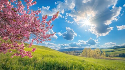 Sunny spring day, blooming cherry tree, rolling hills, green meadow
