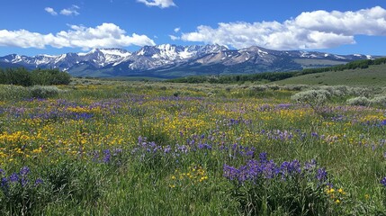 Fototapeta premium Majestic Mountain Landscape with Flowers and Blue Sky in Spring