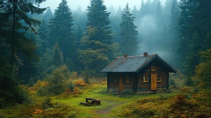 A solitary wooden cabin nestled in a misty forest
