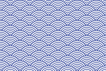 Fototapeta premium Seamless Japanese wave pattern in blue and white, inspired by traditional Seigaiha design, perfect for textiles, backgrounds, and decorative projects