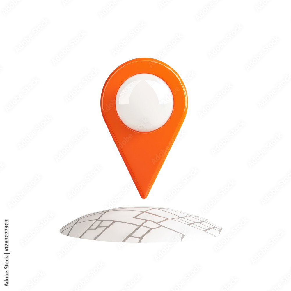 Poster orange location pin icon hovering above stylized globe with map design for navigation and geography 