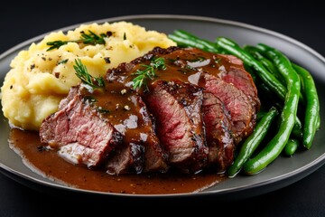 Delicious roast beef dish with mashed potatoes and gravy with green beans.