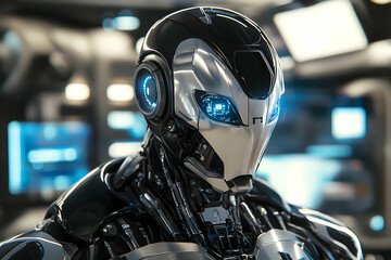 Fototapeta premium Futuristic robot portrait, sleek metallic design, glowing blue eyes, advanced technology, close-up view.