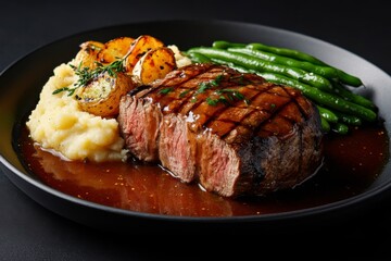 Delicious roast beef dish with mashed potatoes and gravy with green beans.