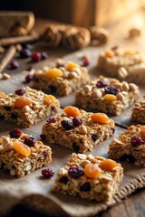 Fototapeta premium Homemade granola bars with dried fruits and nuts arranged on a rustic wooden surface during evening light