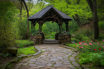 A stone pathway leading to a heart-shaped gazebo, postcard design with space for greetings