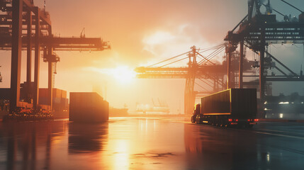 Obraz premium Container truck in ship port for business Logistics and transportation of Container Cargo ship and Cargo plane with working crane bridge in shipyard at sunrise, logistic import export and transport