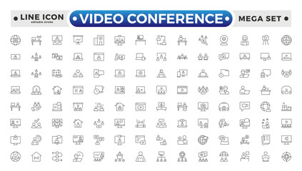 Video Conference set outline icon. Live webinar icons for web and mobile app. Containing conference, business meeting, classroom, team, interview, conference, work.  Editable stroke outline icon.