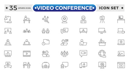 Video Conference set outline icon. Live webinar icons for web and mobile app. Containing conference, business meeting, classroom, team, interview, conference, work.  Editable stroke outline icon.