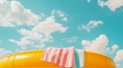 Obraz premium Fun summer vibes with a yellow inflatable pool, vivid beach towels, and a perfect blue sky
