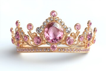 Elegant golden crown decorated with pink gems on a white background.
