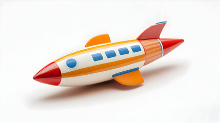 Fototapeta premium Colorful retro rocket toy isolated on white background, perfect for children's products, space themes, or vintage design projects.