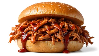 Pulled Pork Sandwich with BBQ Sauce on Bun Isolated
