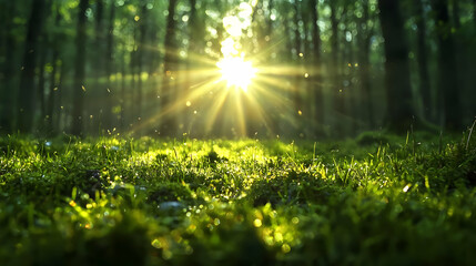 Fototapeta premium Sun rays through forest, green moss, peaceful nature scene