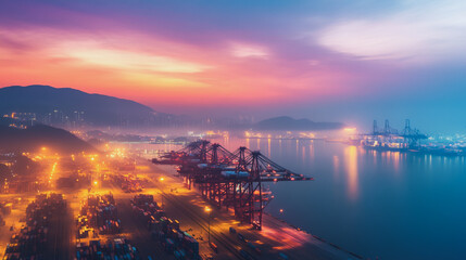 Fototapeta premium Container truck in ship port for business Logistics and transportation of Container Cargo ship and Cargo plane with working crane bridge in shipyard at sunrise, logistic import export and transport