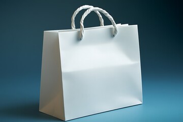 Mockup of a blank white shopping bag with rope handles against a soft blue background in a minimalist setting