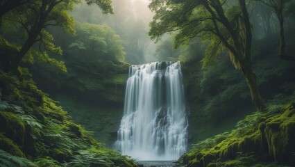 Serene waterfall surrounded by lush greenery