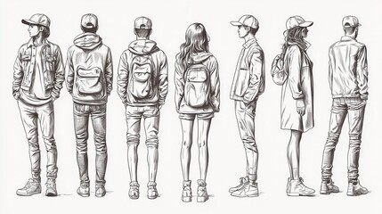 Young Adults in Casual Outfits with Backpacks in Sketch Style