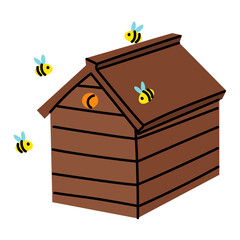 Wooden beehive in an apiary box. house with roof, highlighted on white. Home-made honey production. One wooden house for bees. Insects fly near house. drawer with shelves and frames for storing honey