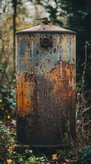 Vintage Rusty Metal Tank Surrounded by Lush Greenery and Trees