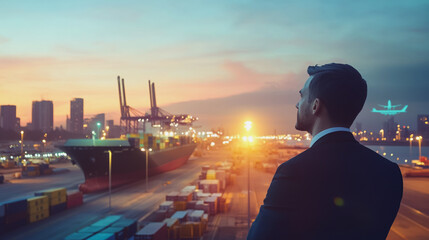 Fototapeta premium Container truck in ship port for business Logistics and transportation of Container Cargo ship and Cargo plane with working crane bridge in shipyard at sunrise, logistic import export and transport