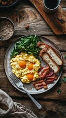 Delicious Breakfast Plate with Scrambled Eggs, Bacon, and Greens