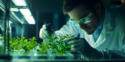 A focused scientist in a laboratory carefully examines and manipulates plants under bright lights