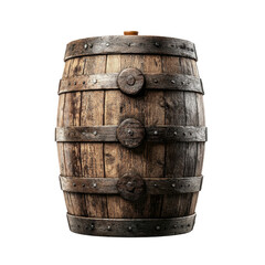 Obraz premium Rustic wooden barrel with iron bands and weathered texture, ideal for vintage, farm, or brewery settings in stock photography