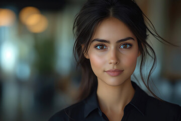 Obraz premium Close up portrait of a beautiful 27 year old Indian corporate woman standing confidently in the office lobby on the right. Concept of company management, business, entrepreneurship