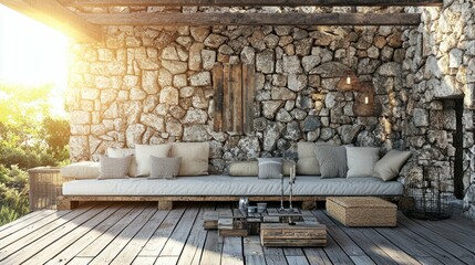 Cozy Outdoor Living Space with Rustic Stone Wall and Natural Light