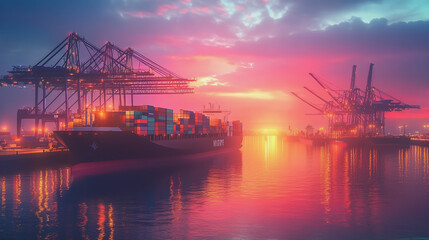 Fototapeta premium Container truck in ship port for business Logistics and transportation of Container Cargo ship and Cargo plane with working crane bridge in shipyard at sunrise, logistic import export and transport