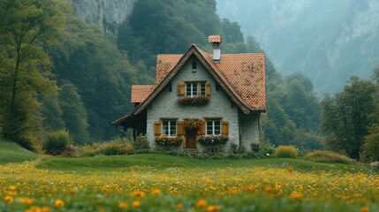 Fototapeta premium Charming Stone Cottage Nestled In A Mountain Valley Meadow