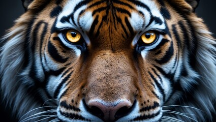Fototapeta premium A powerful close up of a tiger face with beautiful glowing eyes on dark background