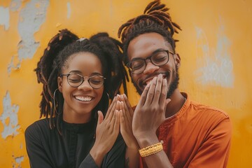 Portrait of a content couple in their 20s joining palms in a gesture of gratitude
