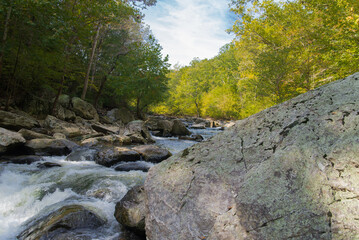 River among rocks in Virginia forest. Summer day in July.