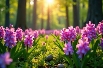 Obraz premium Crystal clear spring, hyacinths carpet, forest edge, golden sunlight, idyllic, trees, green