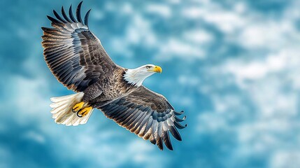 Obraz premium Majestic bald eagle soaring through a bright sky, capturing the essence of freedom and nature