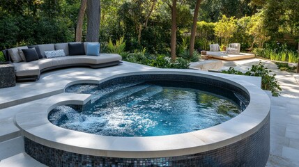 Relaxing plunge pool with curved built-in seating and bubbling jets, designed for comfort