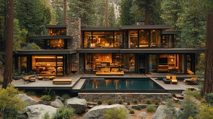 Obraz premium Modern Forest Home Illuminated At Night