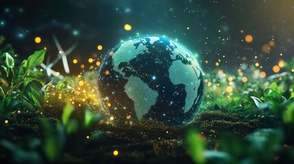 Glowing Earth nestled in lush greenery, representing environmental sustainability and renewable energy.