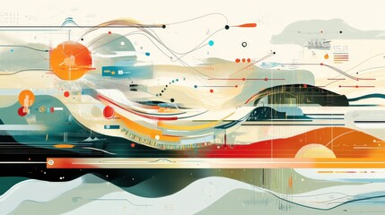 Abstract landscape with flowing lines and vibrant colors depicting a sunset and dynamic movement