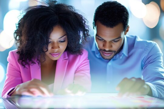 A focused African American couple collaborates on a digital project, showcasing teamwork and modern technology.