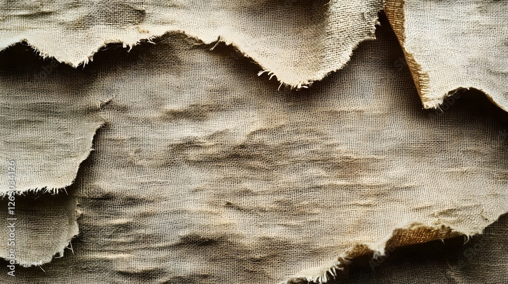 Poster Close-up view of layered, textured fabric with various shades of beige and brown. Old and worn material , with fraying at the edges. Macro Texture Backgrounds Abstract Blue Fabric Texture Patchwork