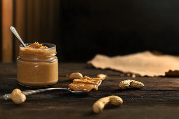 Peanut butter,groundnut and spoon on a wooden table. Concept of breakfast food and peanut butter lover