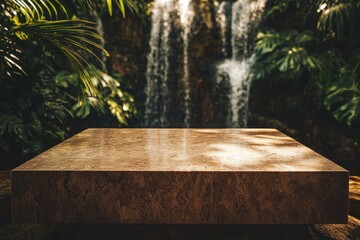 Tropical Stone Platform with Waterfall Backdrop for Product Mockup or Spa Ambiance.