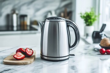 A sleek, high-tech electric kettle on a marble countertop in a modern kitchen, offering advanced features and elegant design.