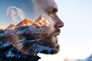 Double exposure of caucasian male adult with mountain landscape.