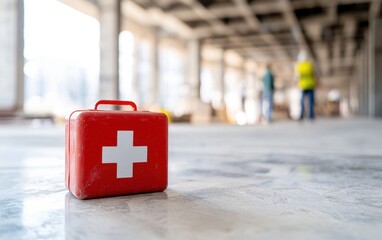 Highrise construction worker safety. Red first aid kit placed on a construction site floor, emphasizing safety and preparedness in industrial environments.