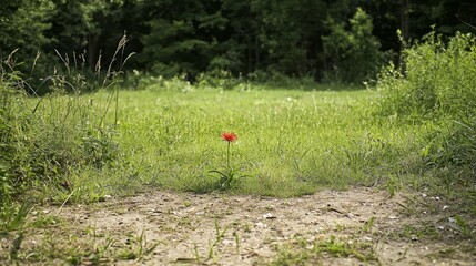 Naklejka premium Bright Red Flower Standing Alone on Green Grass in Nature Background